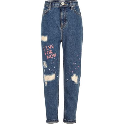 Girls blue ripped paint girlfriend fit jeans